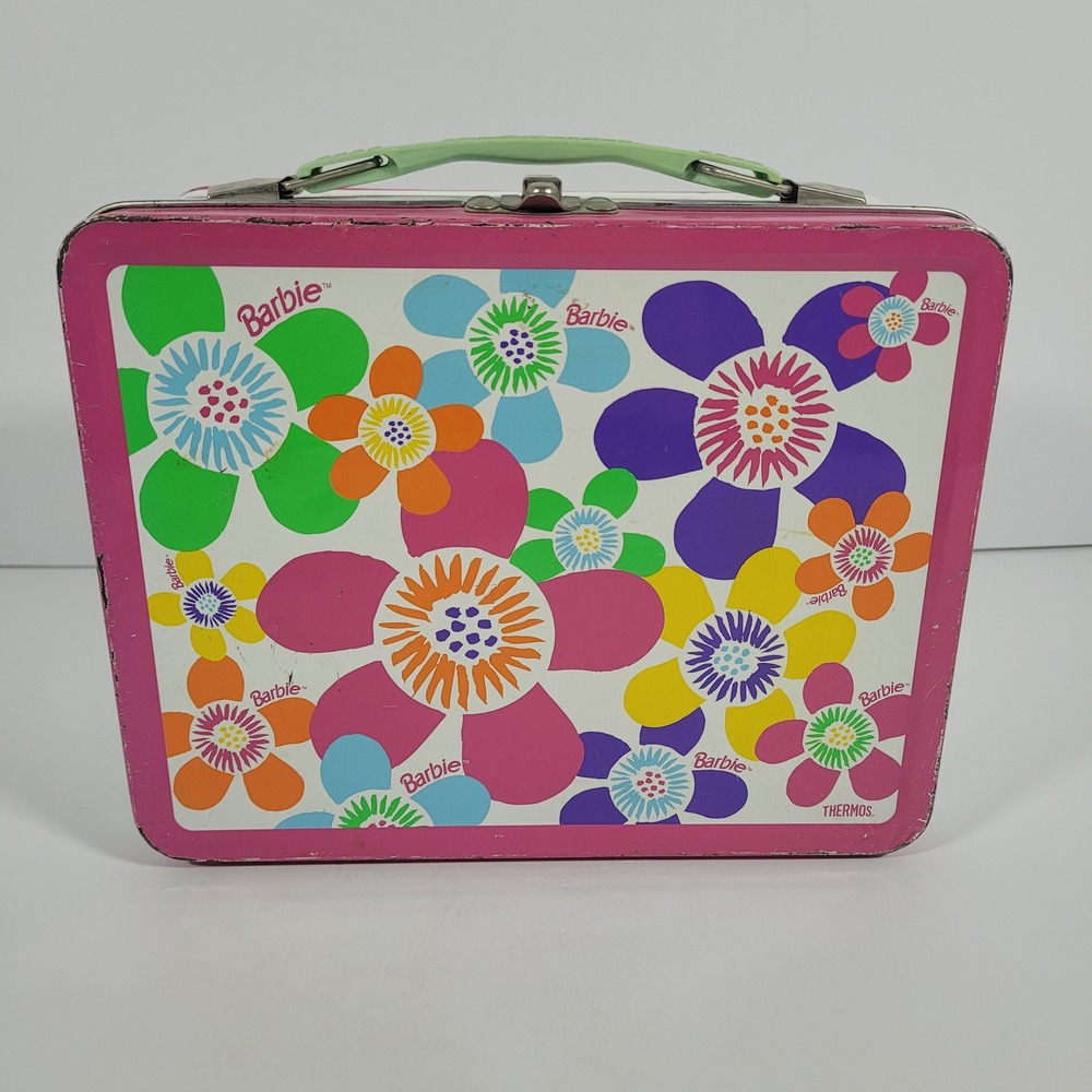 Vintage 1998 Barbie Thermos Metal Lunch Box Pink Floral Daisy Retro Collectible